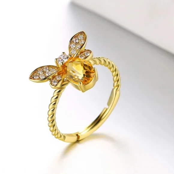 Queen Bee Citrine Cubic Zirconia 18K Gold Plated Silver Adjustable Ring - Picture 1 of 5